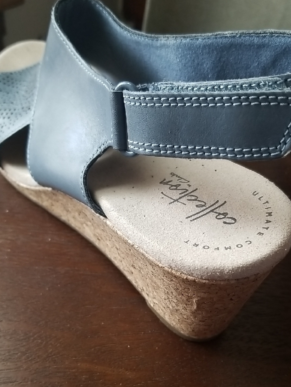 Women’s Dusty Blue Leather Cork Wedge Sandals - Comfortable Open-Toe Slingback - Picture 3 of 4